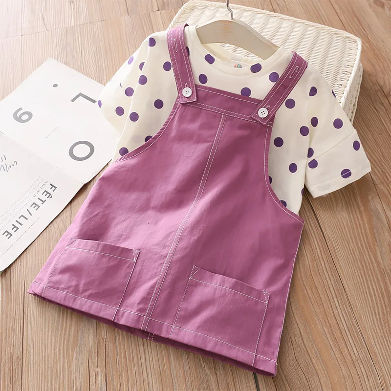 2023 Summer New 3 4 5 6 8 10 Years Baby Overalls Cotton Dress+Short Sleeve Dots T-shirt 2 Pieces School Kids Girls Clothes Set