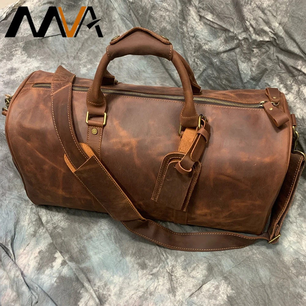 MVA Vintage Leather Duffel Bag For Men Women Full Grain Cowhide Leather Large Travel Bag Gym Sports Overnight Weekender Bags Big