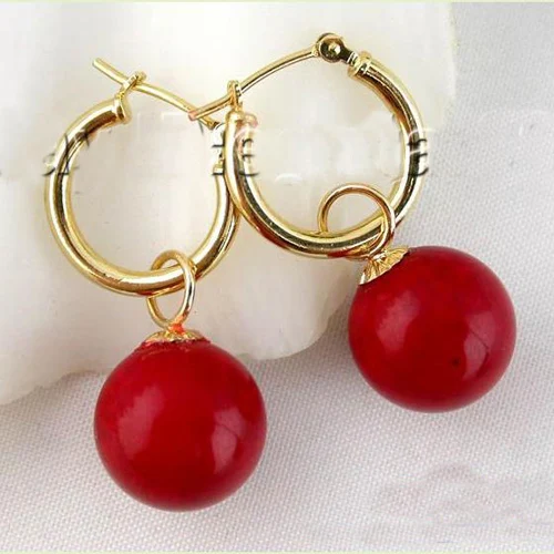 Pendientes colgantes de perlas para mujer, joyería de piedras preciosas de 13mm, con cuentas redondas de Coral rojo, gancho de oro de 14k/20