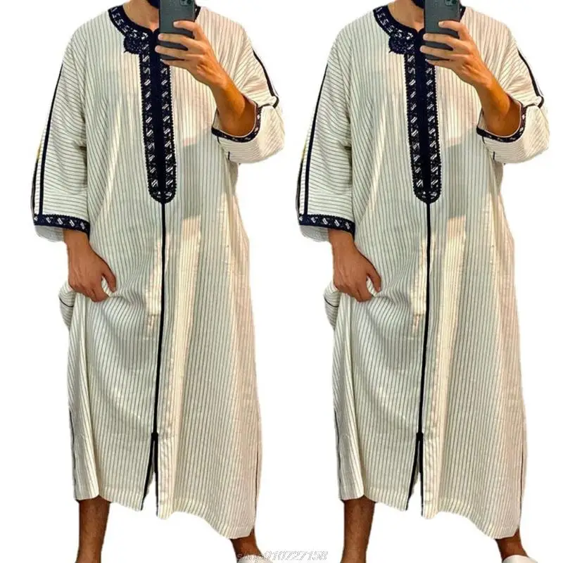 Islamic Clothing Men Robe Kaftan Muslim Man Moroccan Casual Long Dress Arabic Striped Robe Middle East National S13 21 Dropship