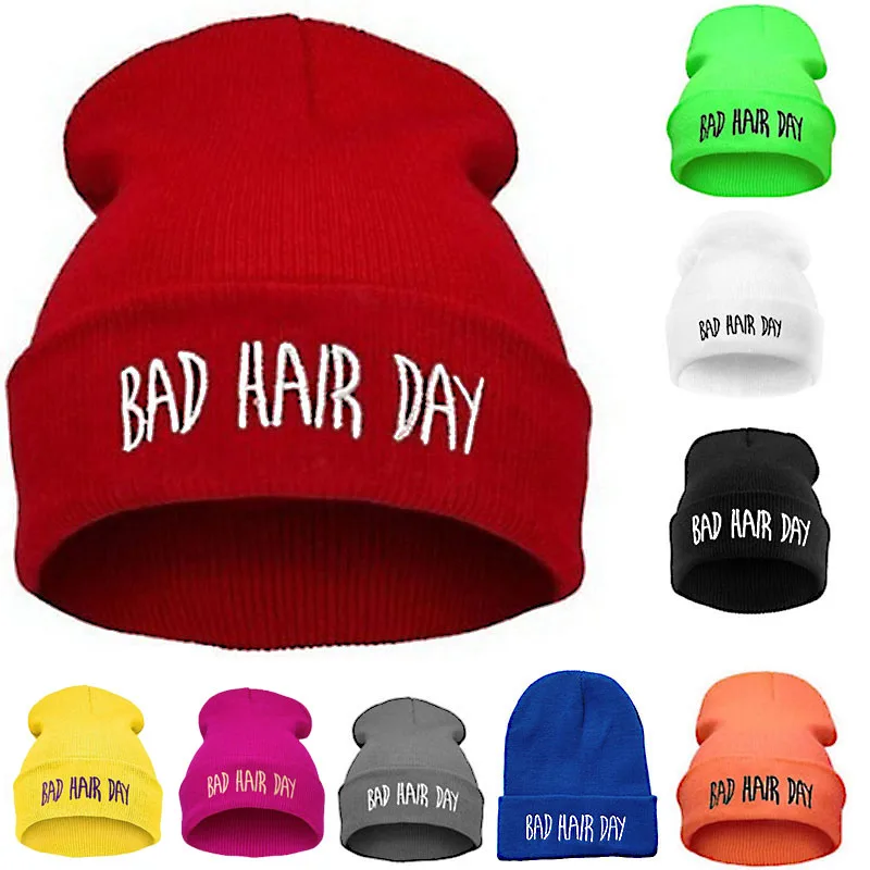 Sport Hats Fashion Warm Winter Cap with Bad Hair Day Letter Beanies Women Men Hat Beanie Knitted Hip Hop Hats Bonnet for Unisex