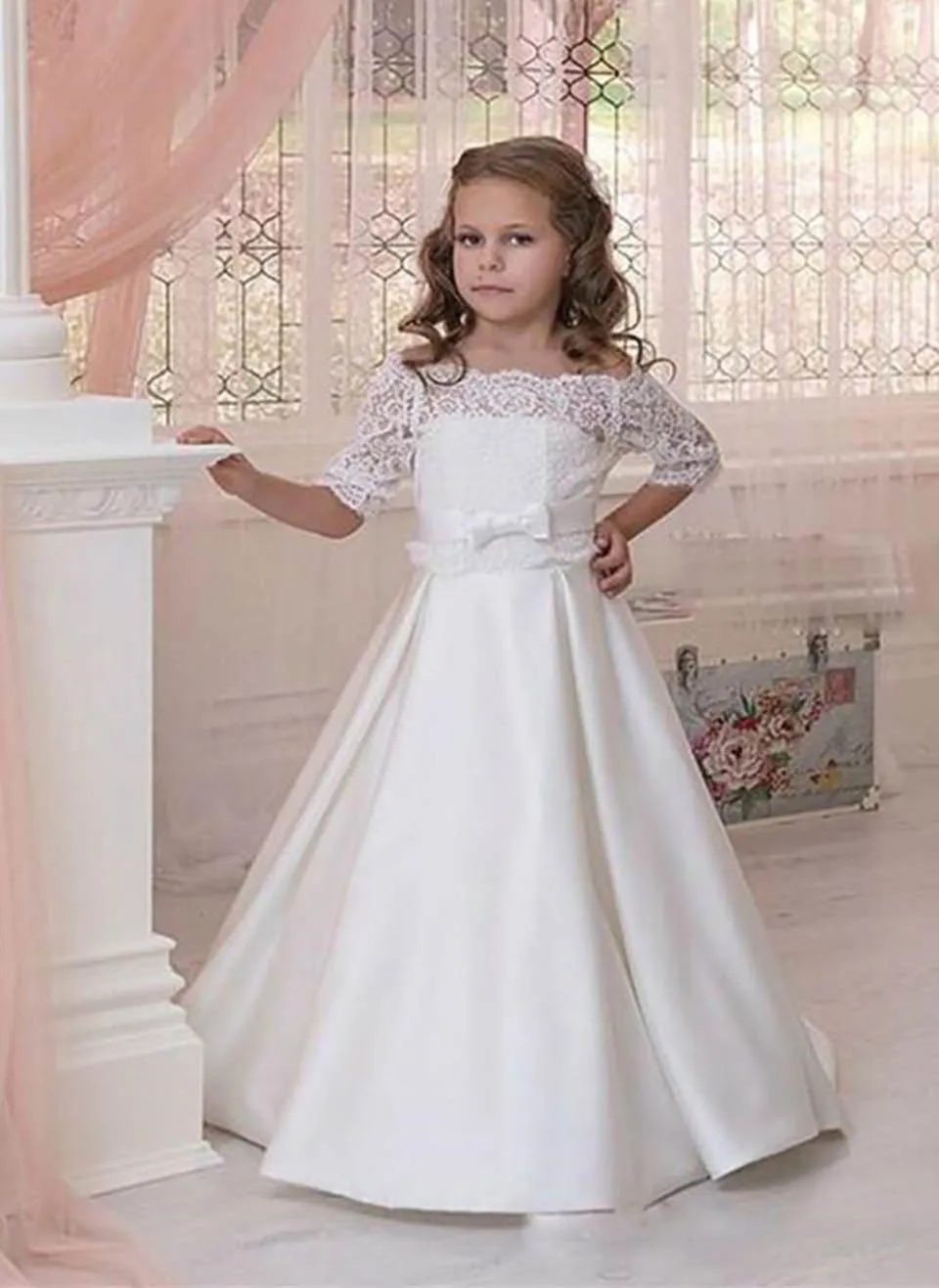 New Applique Girls Pageant Birthday Christmas Kids Formal Wear  Wedding Party Events  Bateau Satin Custom Flower Girls Dresses