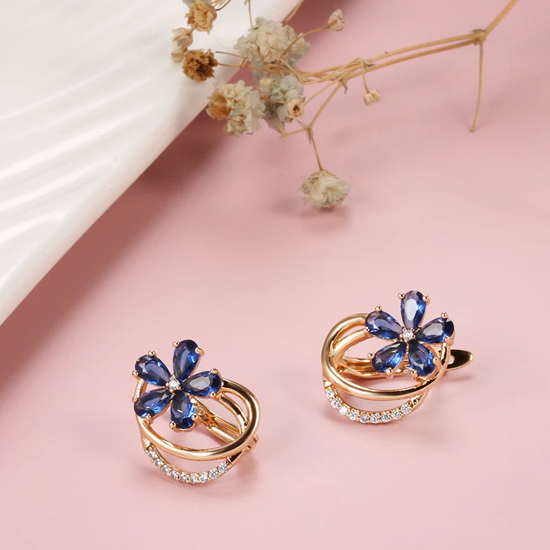 Kinel Trend Blue Natural Zircon Stud Earrings for Women 585 Rose Gold Color Flower Earrings Quality Daily Fine Vintage Jewelry