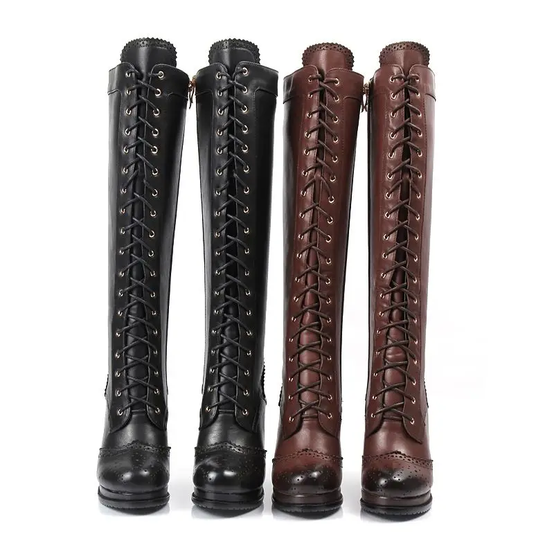 MORAZORA Plus size 34-43 New Genuine leather knee high boots women lace up platform high heels winter riding boots female shoes