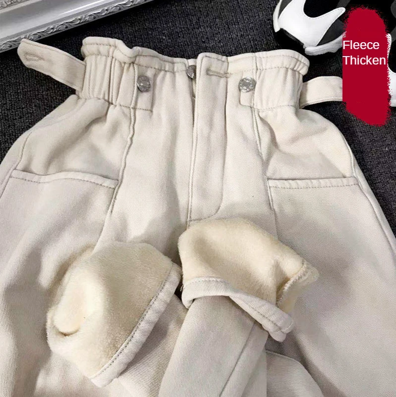 Pantalones vaqueros blancos de cintura alta para mujer, pantalón harén grueso de lana, holgado, para invierno