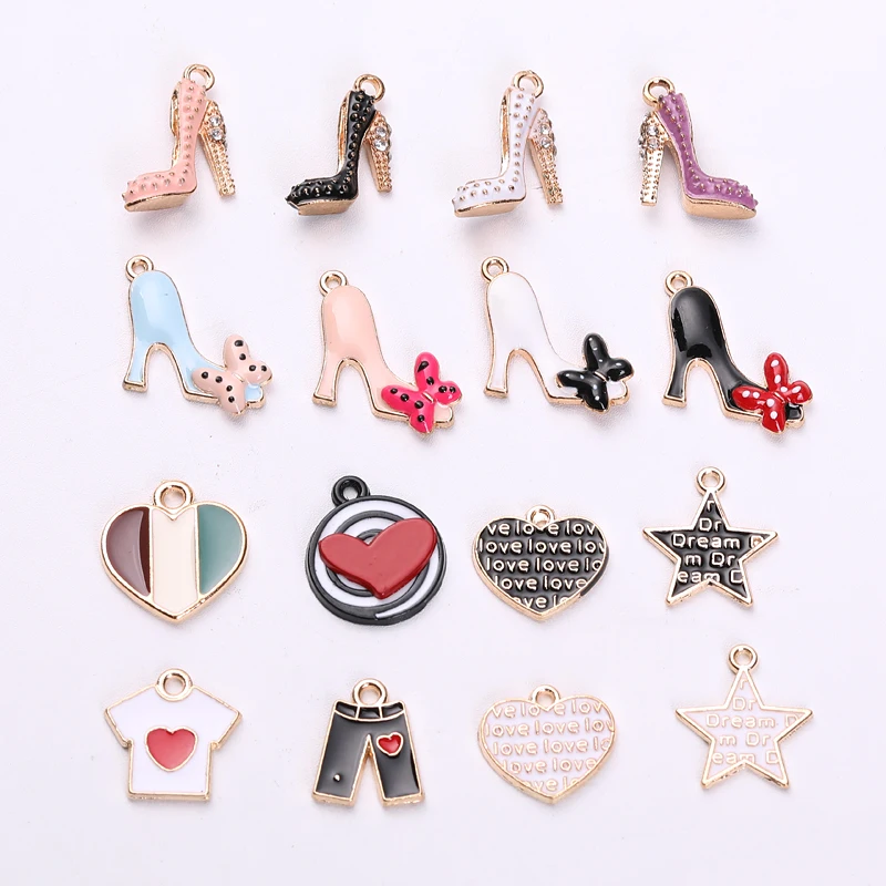 10Pcs Enamels High Heels Charms Bow Shoes Clothing Heart Star Pendants Fit Making Necklaces Earrings Jewelry Accessory Wholesale