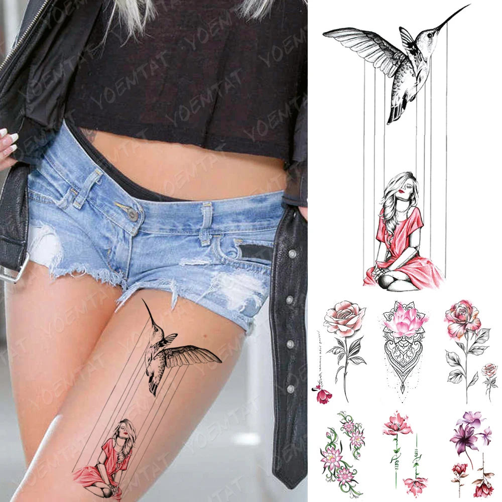 

Waterproof Temporary Tattoo Sticker Girl Bird Moon Flowers Flash Tattoos Flowers Rose Lotus Body Art Arm Fake Sleeve Tatoo Women