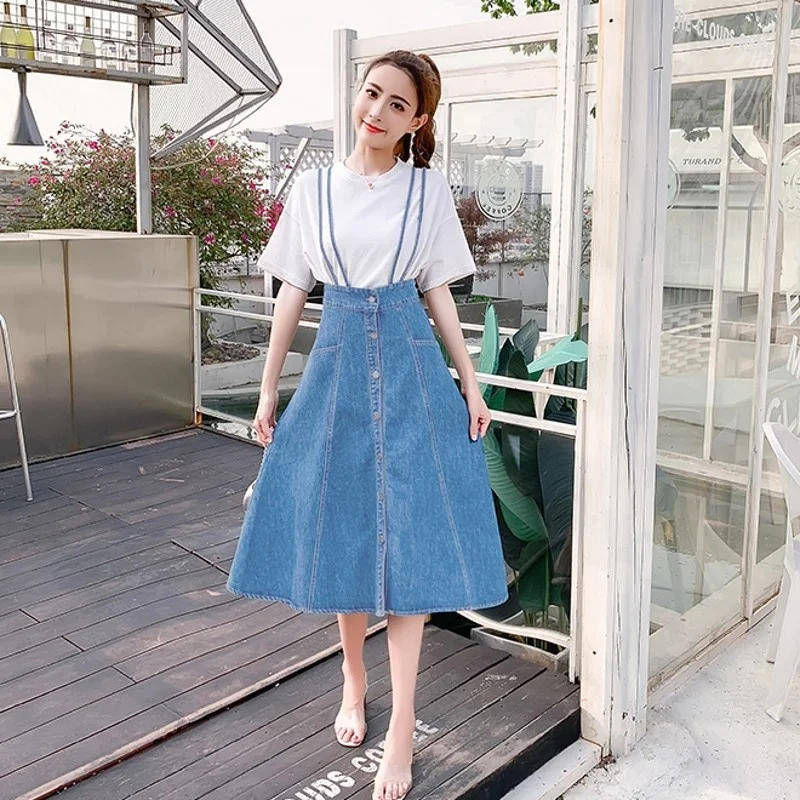 

Womens Korean Sweet Style Spaghetti Strap Denim Dresses Single Breasted High Waist Suspender Knee Length Female Jeans Dresses