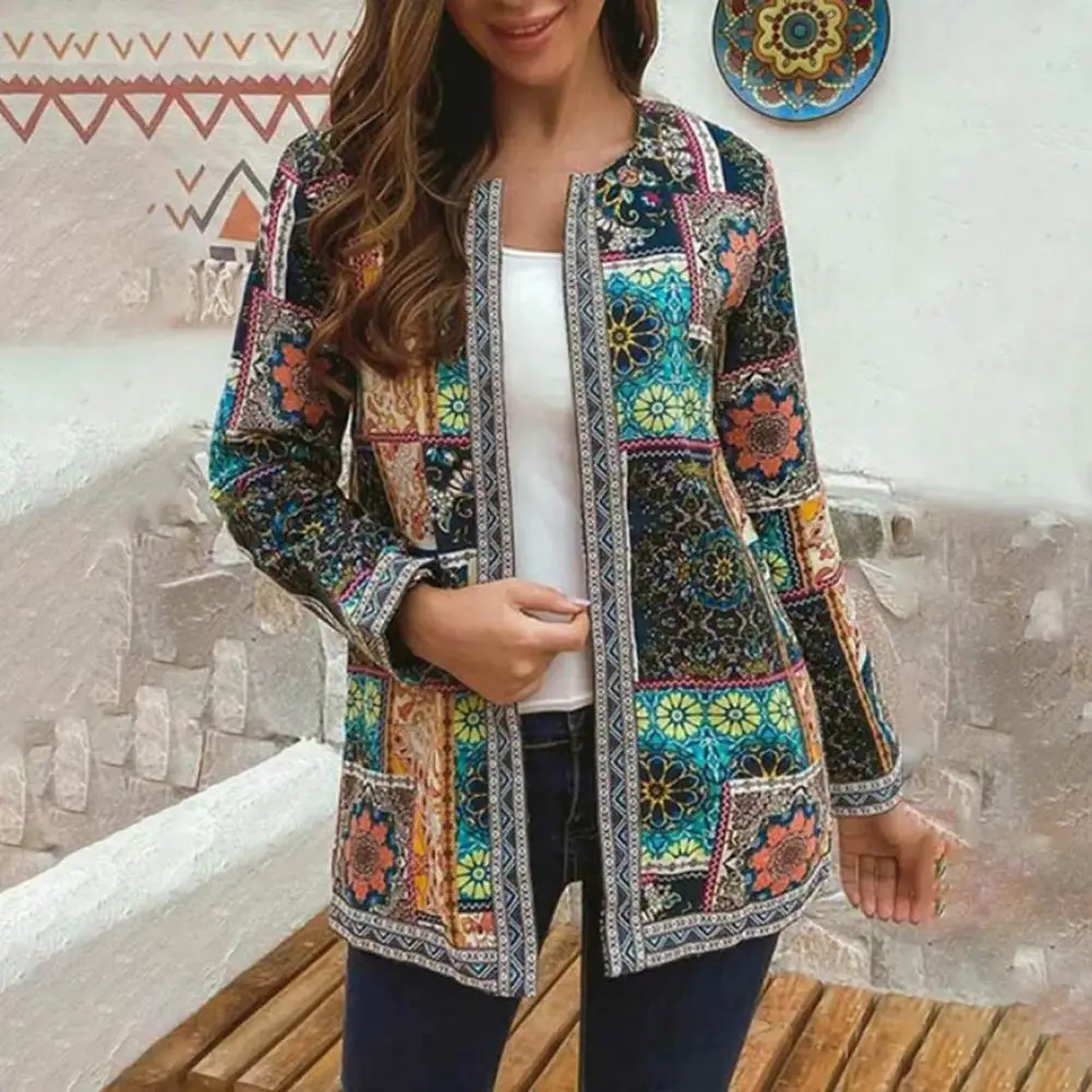 Vintage Women Jacket 2022 Cardigan Coat Ethnic Print Pockets Autumn Winter Long Sleeve Open Stitch Jacket Warm