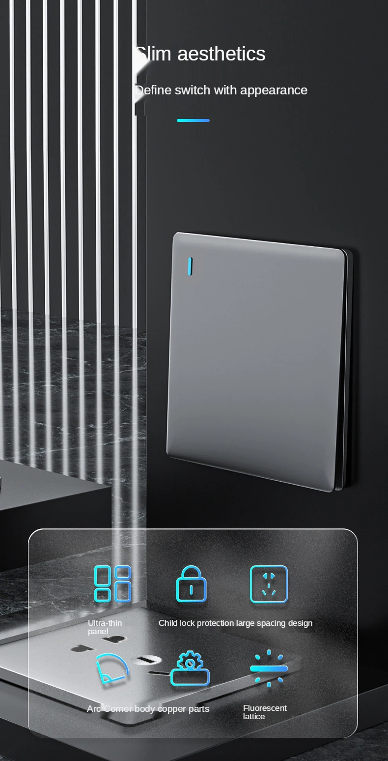 Neue beliebte ultradünne 1/2/3/4-fach 86*86MM klassische graue PC-Material Frosting Curved Surface Panel Wandschalter-Serie – Detail 1