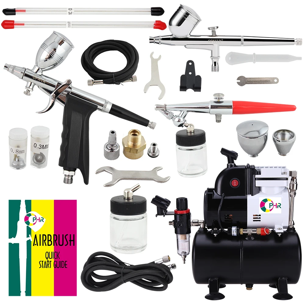 OPHIR Professional Spray Air Brush with Compressor & Tank & 3 Airbrush Kit for DIY Hobby Painting Craft AC116+004A+050+069