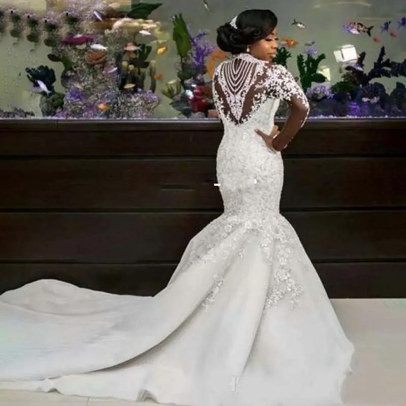 Luxury African White Mermaid Wedding Dresses Arabic Customized Lace Bridal Gowns Pearls Long Sleeve Wedding Dress Robe De Mariee