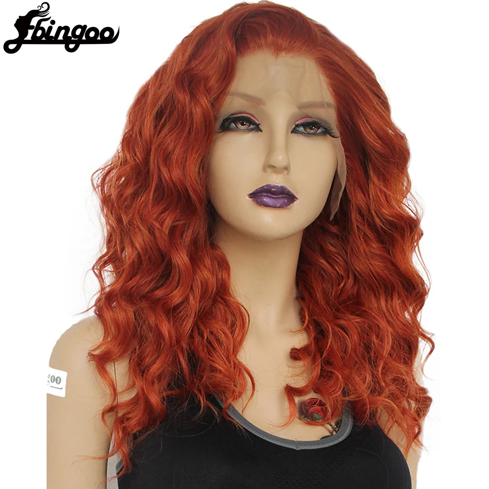 Ebingoo Long Deep Wave Golden Auburn Orange Pink Hair Wigs Synthetic Lace Front Wig For Women Free Part High Temperature Fiber