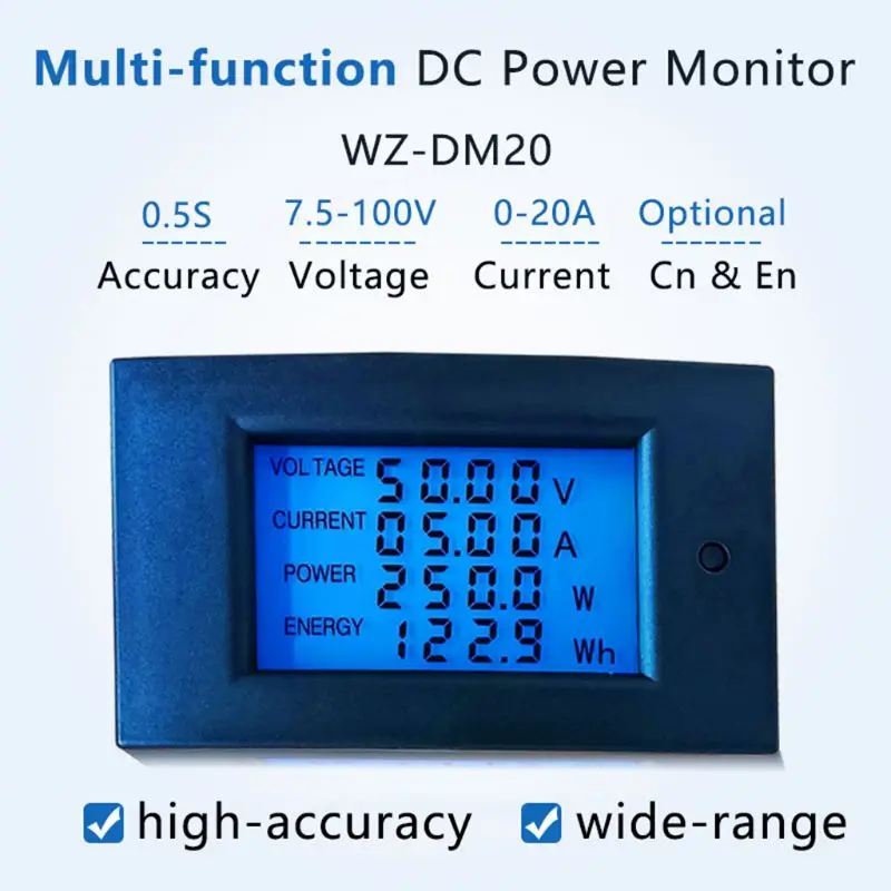 DC 7.5-100V 20A 2000W di Potenza Contatore di Energia Wattmetro Elettrica Pannello del Contatore del Monitor Display Digitale Volt kwh watt Amp