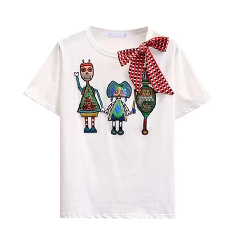 Women Luxurious Embroidery Sequins Cartoon T Shirt Lady O-Neck Short Sleeve Bow Tee Shirt Cotton Casual Tshirt Summer Female Top