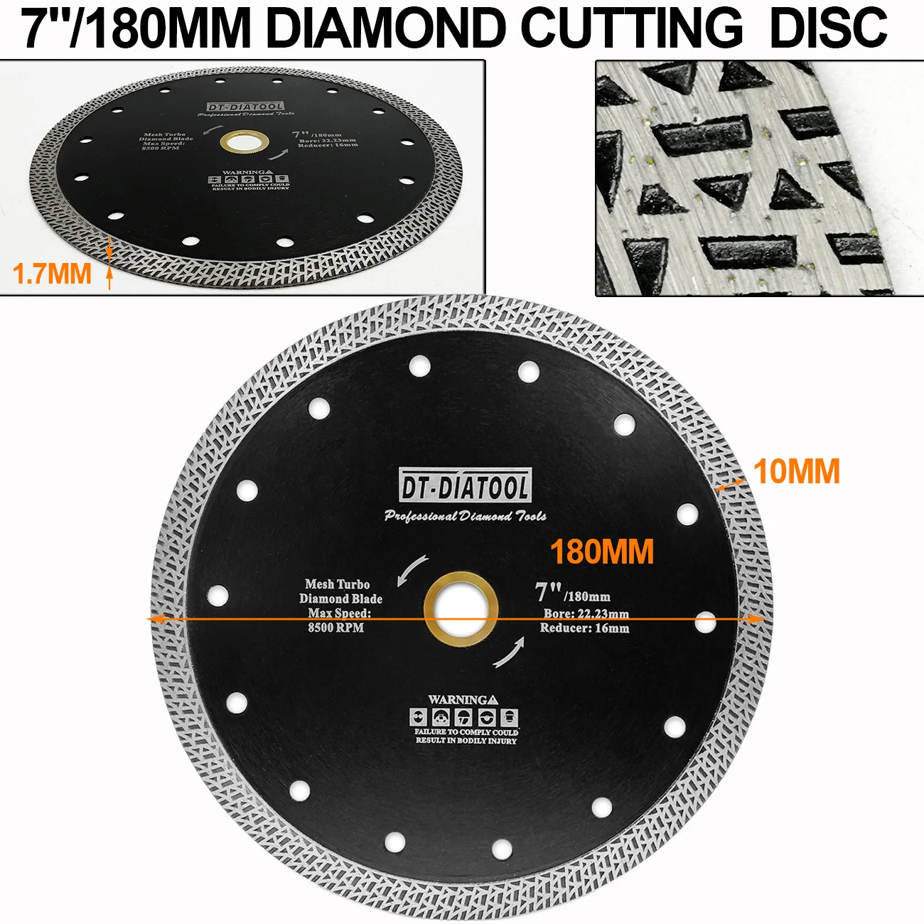 DT-DIATOOL 5pcs Dia 180mm/7 "Warm geperst Gesinterde Diamantdoorslijpschijf Mesh Turbo Diamant Saw blade Graniet Marmer Tegel Keramische