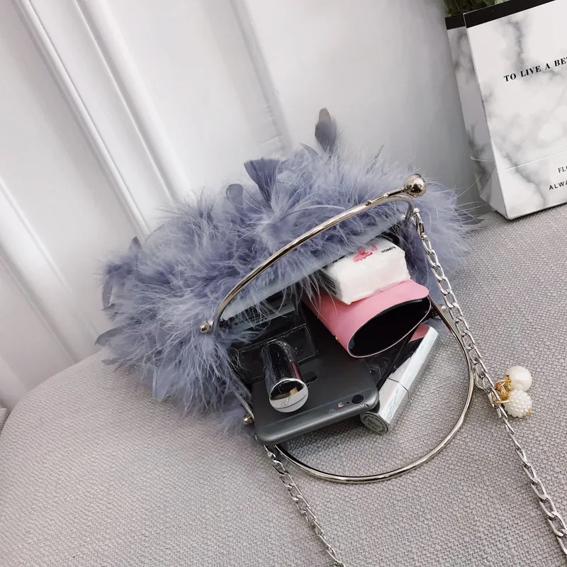 Korean Soft Feather Ring Evening Handbag Women Fashion Shoulder Chain Bag Small Purse And Handbags Pink Red Female Bolso Mujer