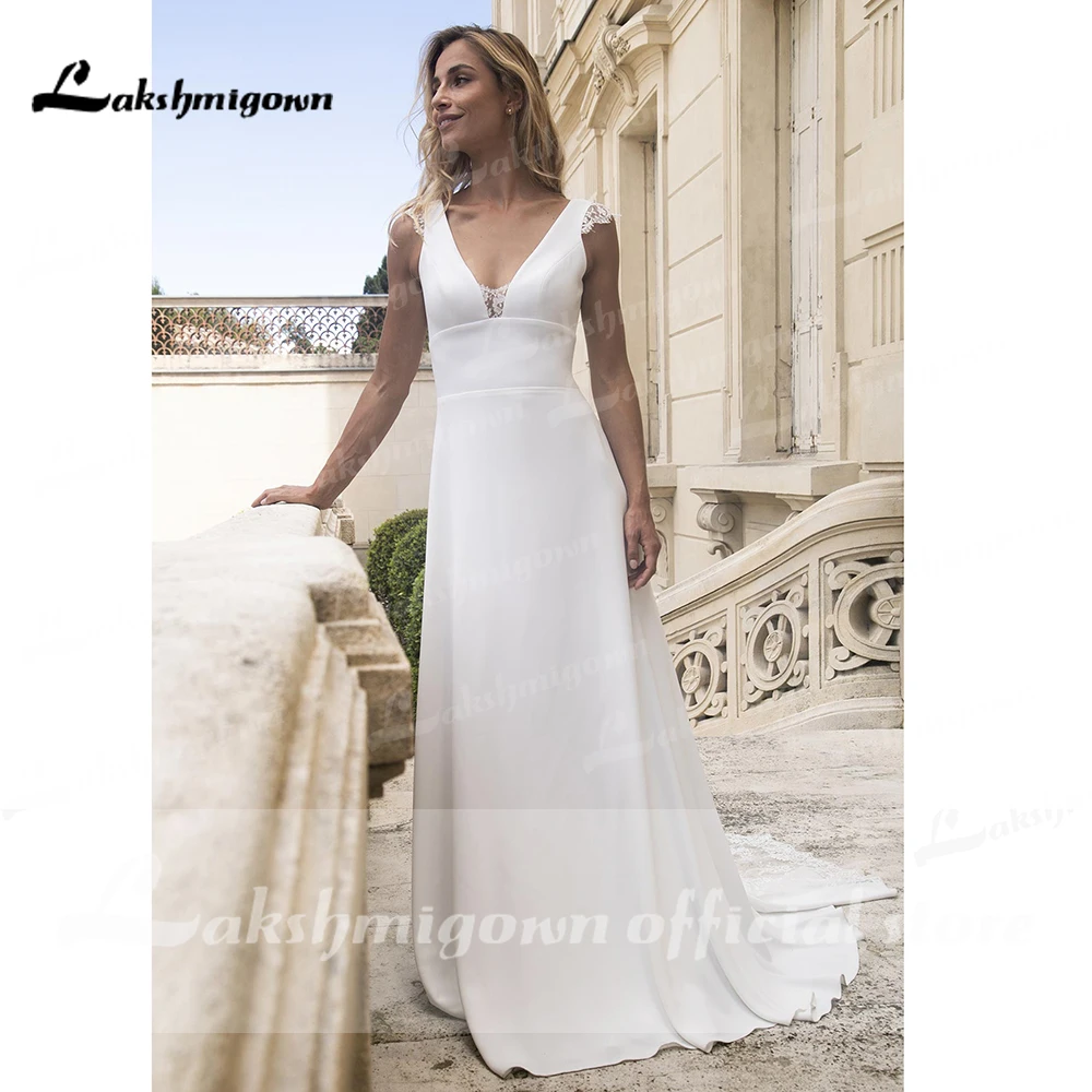 Praia profunda V Neck Lace cetim vestidos de casamento, sem encosto, elegante, linha, praia, verão, 2023