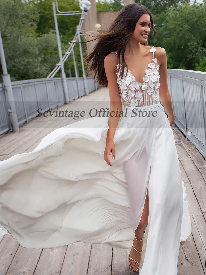 Sevintage สูงชีฟอง Beach Wedding Dresses สปาเก็ตตี้ Straps 3D ดอกไม้ชุดพรรค Backless เจ้าหญิงชุดเจ้าสาว