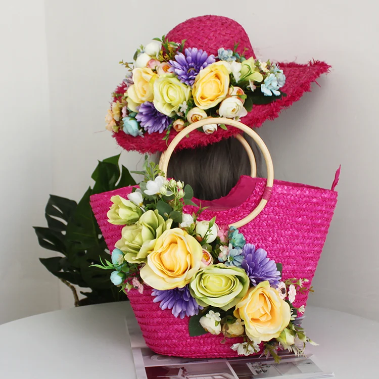 Bohemia Women Flower Beach Bag Summer Lace Rattan Handbag and Hat Suit Multicolor Artificial Flowers Weave Straw Casual Tote