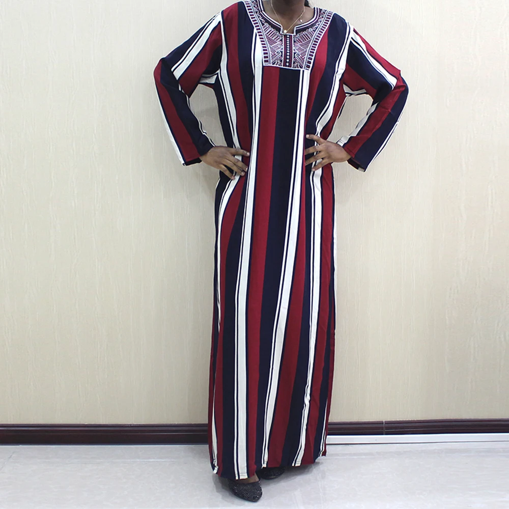 

New Arrival 2020 Elegant African Clothes For Women Vertical Stripe Long Sleeve O-neck Embroidery Ladies Robe Bohemian Style