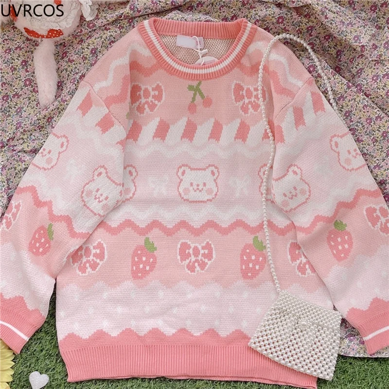 Japanese Sweet Lolita Knitted Pullovers Girls Long Sleeve Strawberry Bear Knit Sweater Autumn Winter Women Pink Warm Jumper Tops