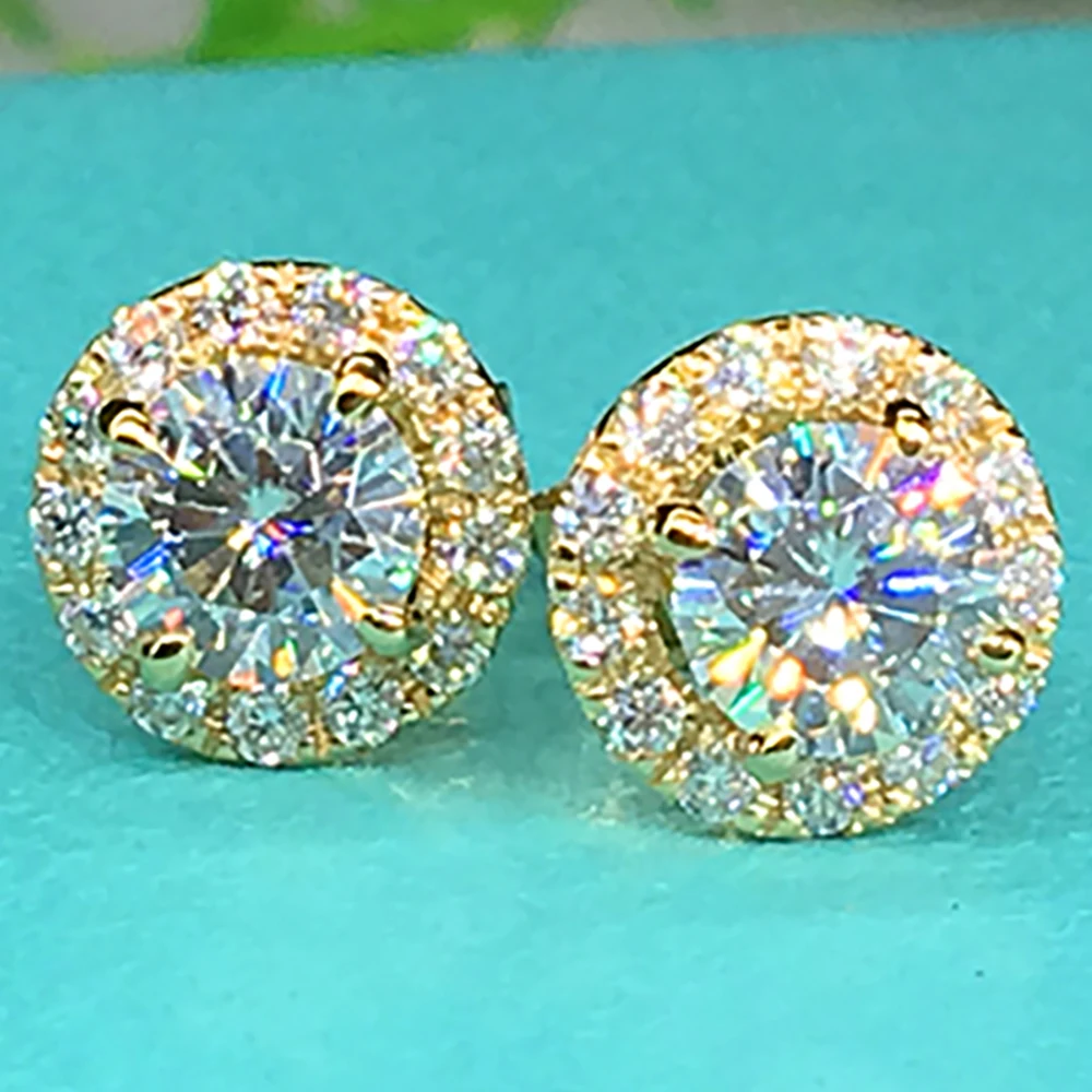 Custom Solid 18K Yellow Gold Stud Earrings Women 0.5 1 2 3 Carat Round Moissanite Diamond Wedding Anniversary Engagement Party