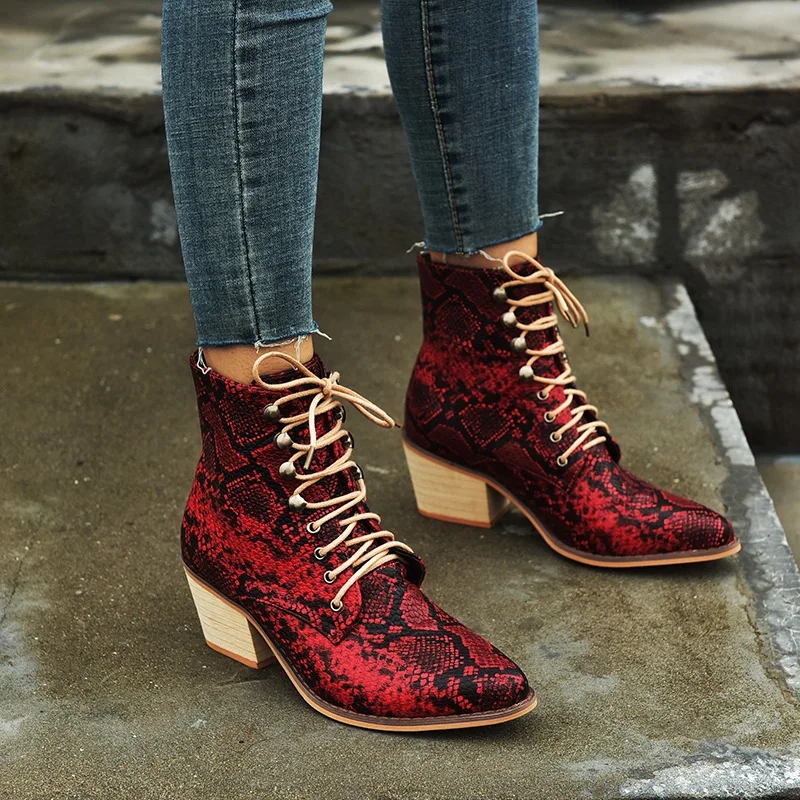 

Fashion Women ladies Boot Square Heel Serpentine Boots plus size Lace-Up Boots Pointed winter Toe Shoes DROPSHIPPING JT513