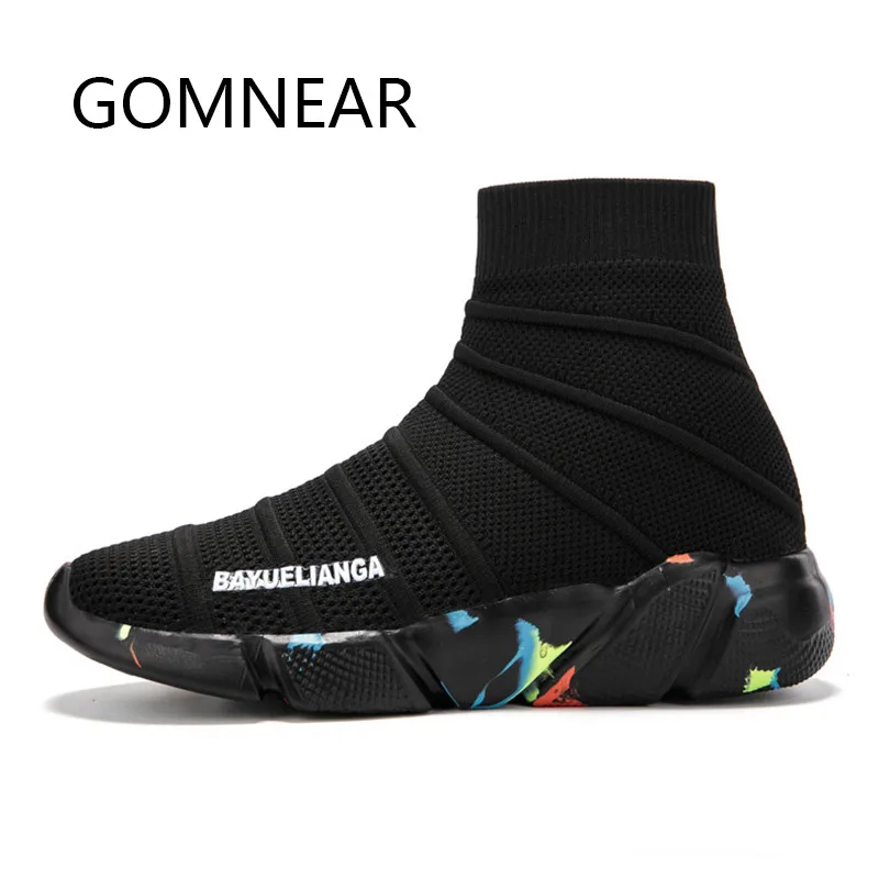 GOMNEAR Casual Sneakers Woman Vulcanized Shoes Female Socks Shoes Trainers Women Slip-on Stretch Platform Shoes Black Sneaker