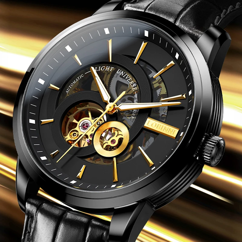 ساعة LOBINNI الياقوت الزجاجية المقاومة للماء للرجال من أفضل العلامات التجارية ساعة ميكانيكية للرجال توربيون من الفولاذ المقاوم للصدأ ساعة أوتوماتيكية