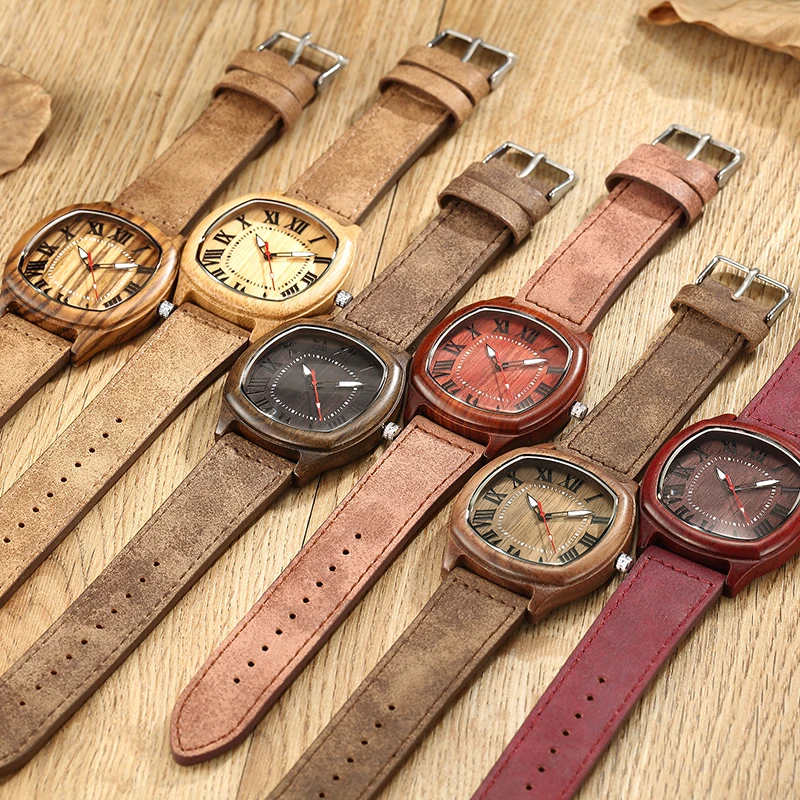 6TYPE Nature Wood Watches Men Women Genuine Leather Wrist Watch Handmade Bamboo Quartz-Watch Unisex Men\'s Gift Relogio Masculino