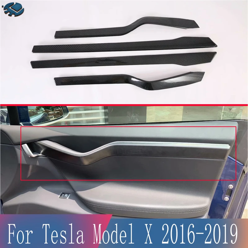 For Tesla Model X 2016 2017 2018 2019 Carbon Fiber Style Car Inside Door Garnish Body Trim Accent Molding Cover Bezel Styling