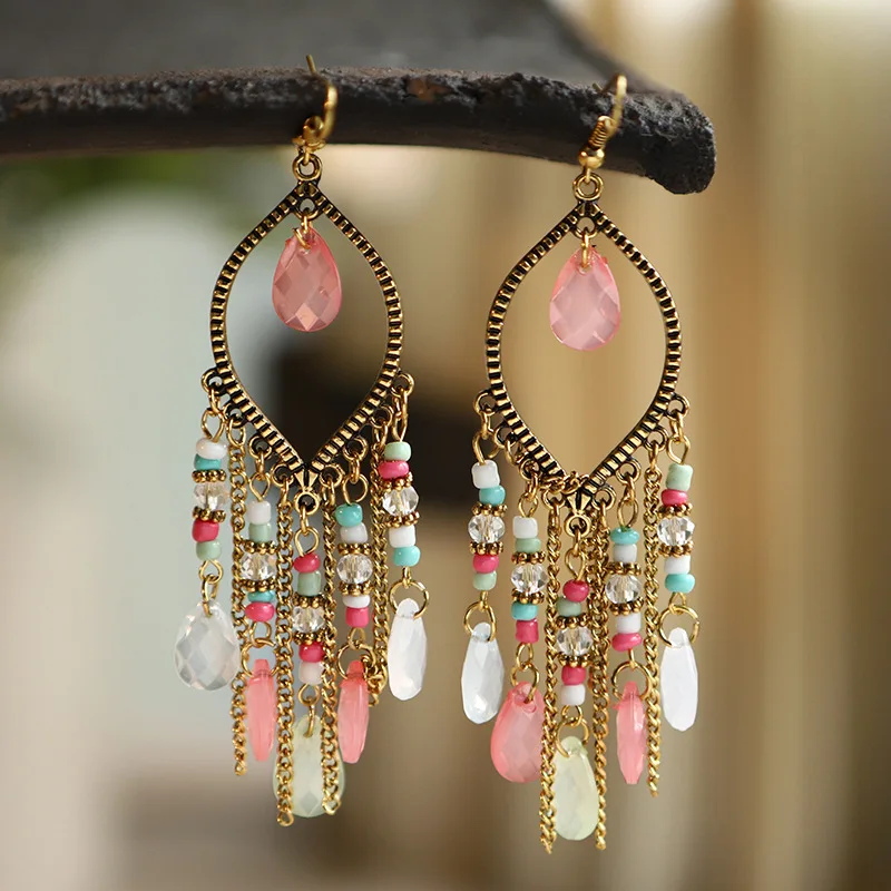 Bohemian Antik Gold Farbe Lange Wasser Tropfen Quaste Ohrringe für Frauen Vintage Bunte Geometrische Tropfen Baumeln Ohrringe Schmuck – Detail 5