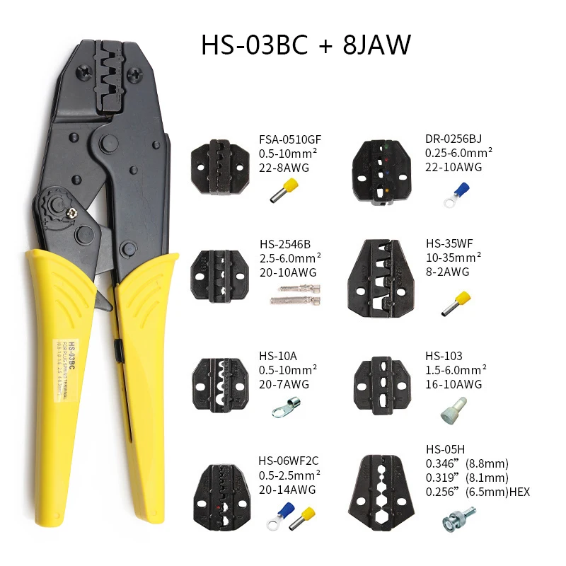 Crimping Pliers HS-03BC 8 Jaw For Plug /Tube/Insulation/No Insulation/Crimping Cap/Coaxial Cable Terminals Kit 230mm Clamp Tools