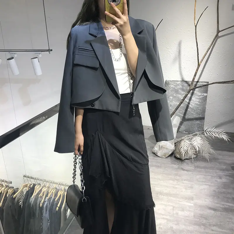 Elegant Chic Crop Suit Jacket For Women Long Sleeve Solid Color Short Blazer Outwear Ladies Korean Single Button Suit Top