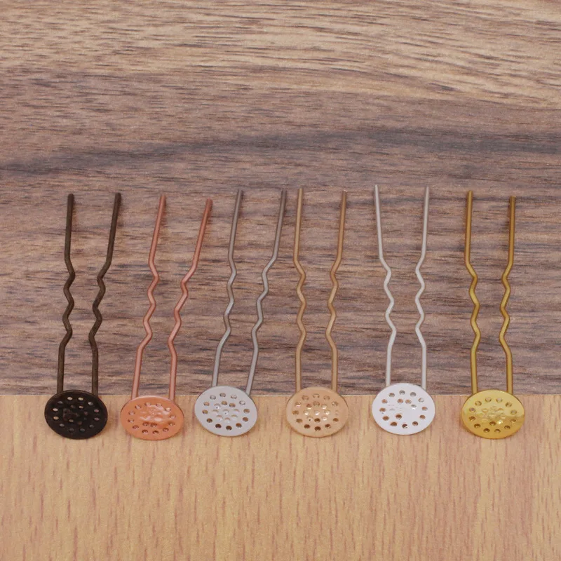 10pcs 12mm Hair Jewelry Settings Cabochon Base Blank Bezel Trays Hair Sticks for U Shape Hairpins Barrettes Retro Head Wear DIY