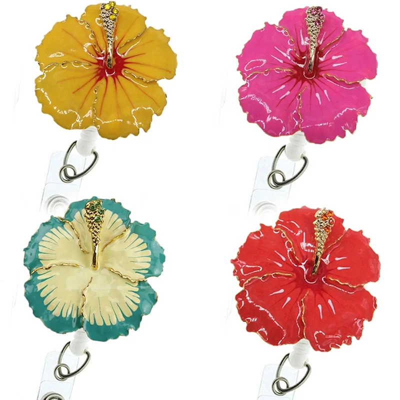 Office Supplier Custom ID Name Card Holder Hibiscus Flowers Nurse Retractable Badge Reel