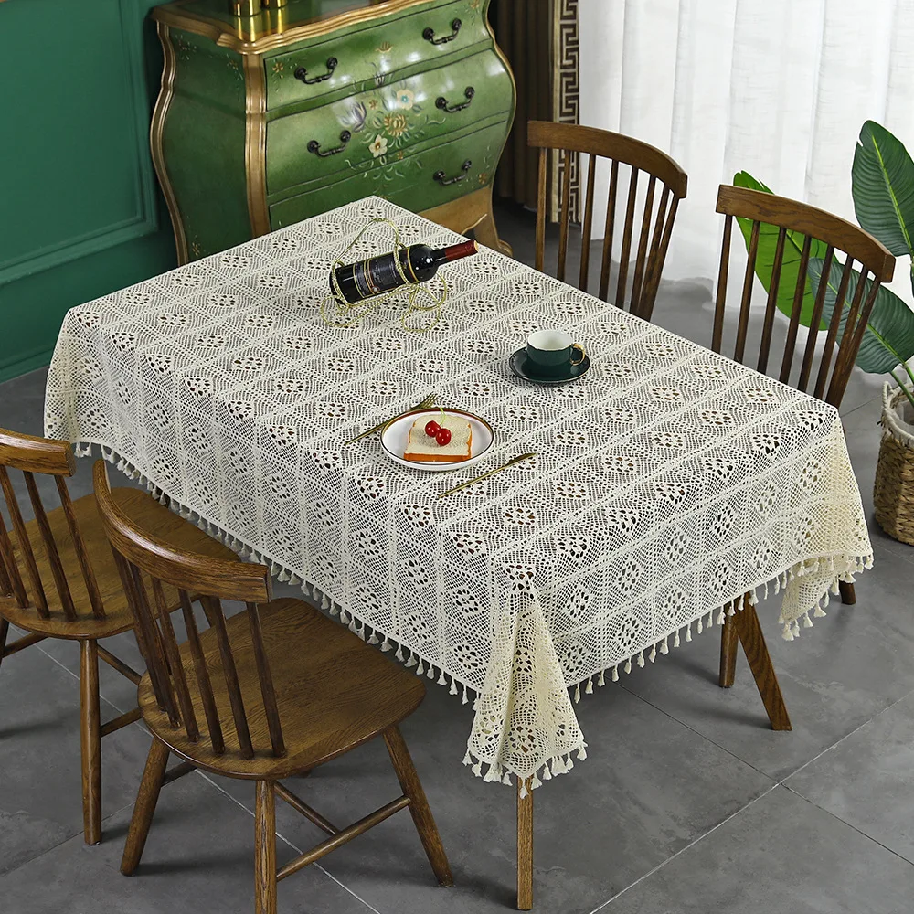 Design Hollow-out Lace Table Cloth with Tassel Decorative Dining Room Table Cover New Pattern Macrame Lace Tablecloth