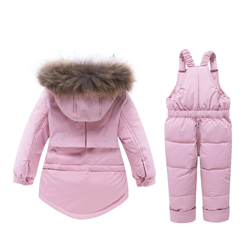 IYEAL Baby Kids Girl Clothing Sets Russia Winter Real Fur Hooded Coat + Overalls Jumpsuit Snow Children Ski Suit 1 2 3 4 Years