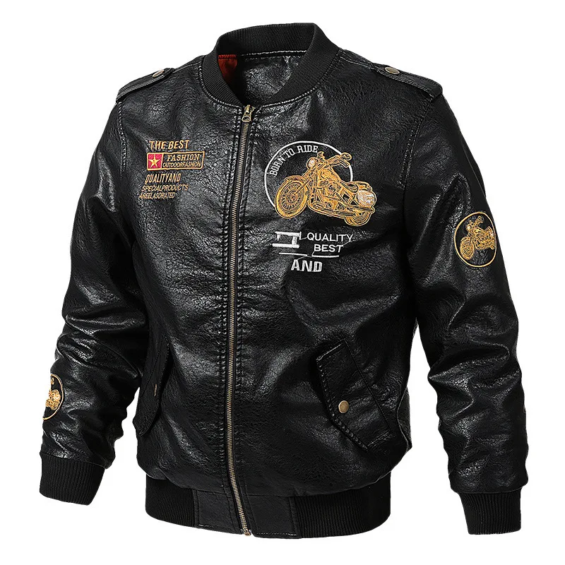 High Quality Men\'s Leather Jacket Coat 5XL Embroidery Streetwear Casual PU Leather Bike Jackets Men Clothing Moto Jacket A2F8111