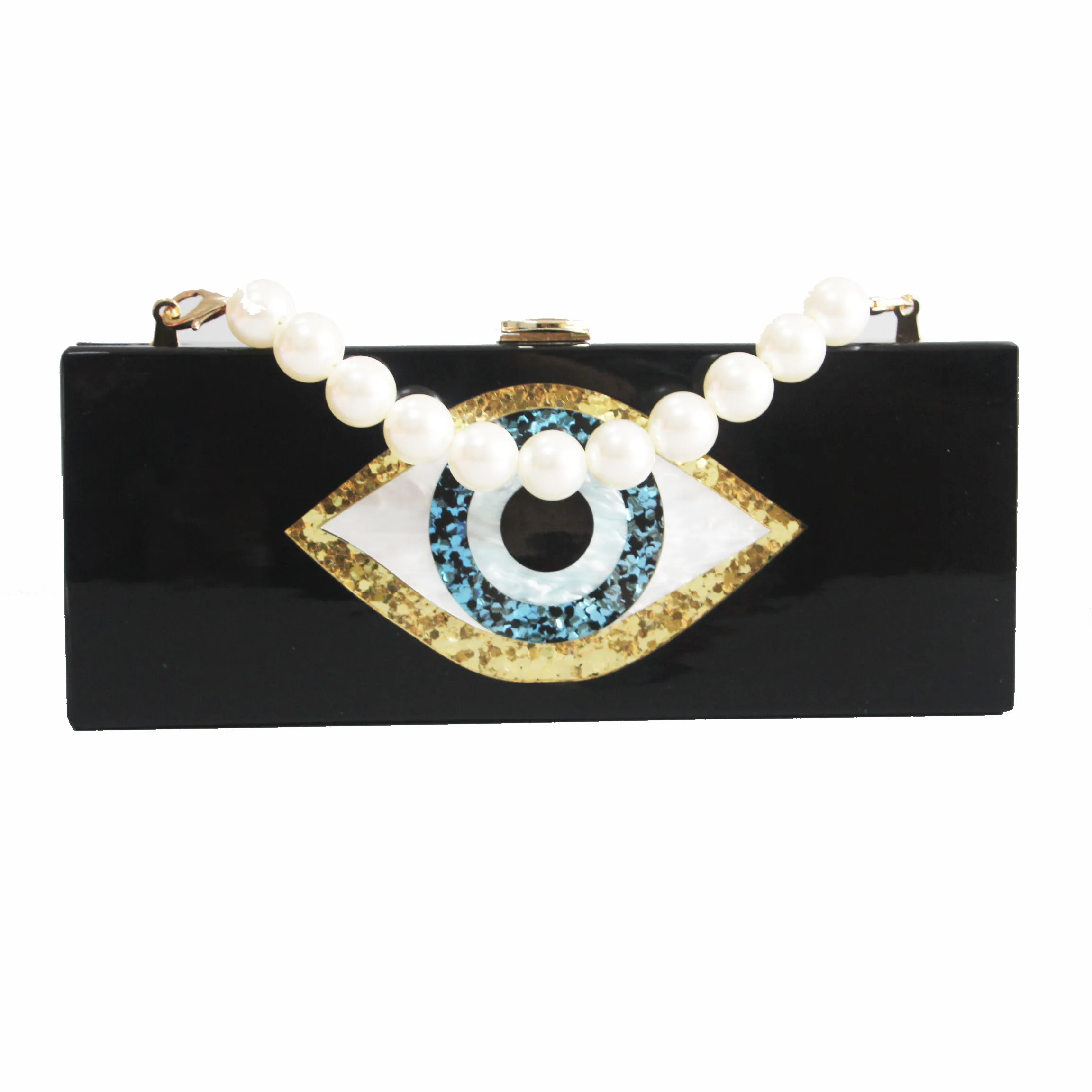 Handbag Women Brand Evil Eye Cartoon Evil Eye Party Bag Solid Black Pearl White 25 Cm X 10 Cm Long Size Acrylic Box Clutches Bag