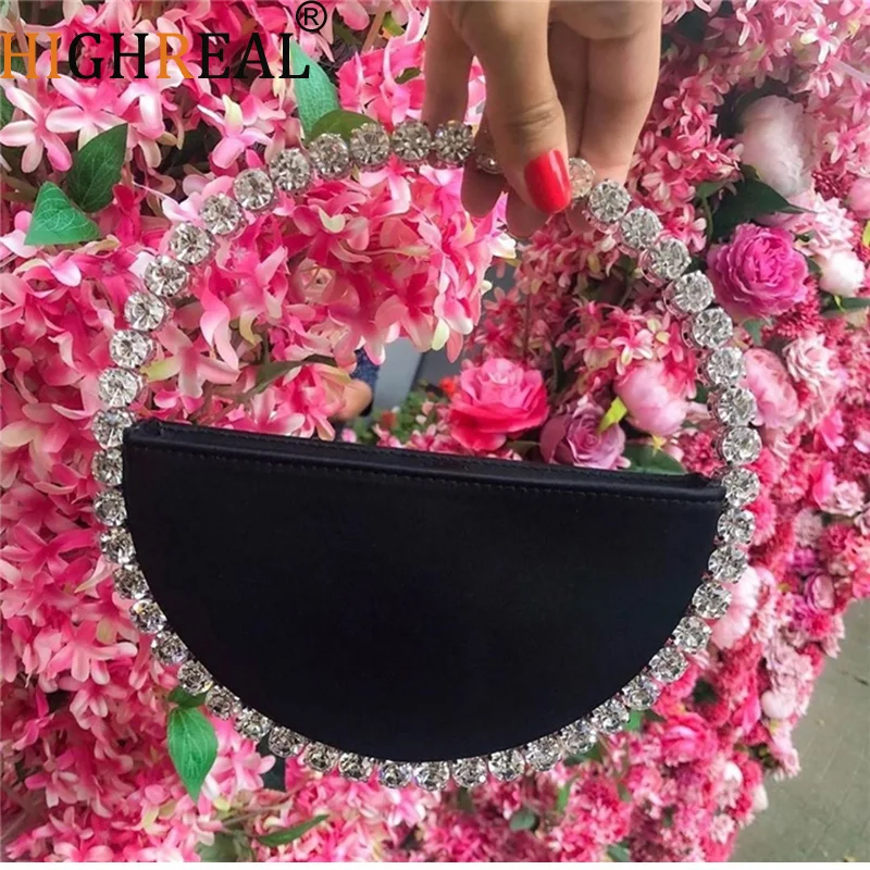 HIGHREAL Women INS Diamond Circular Evening Bag Women Round Handle Rhinestone Dinner Clutch Purse Ladies Half Moon Handbag Purse