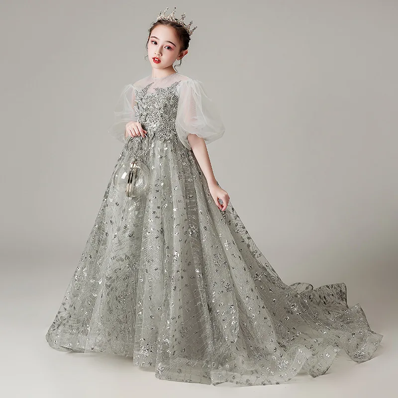 Fancy Flower Girl Prom Dress Kids Wedding Tulle Sequin Ball Gown Children Birthday Party Long Dresses Teenager Evening Vestidos