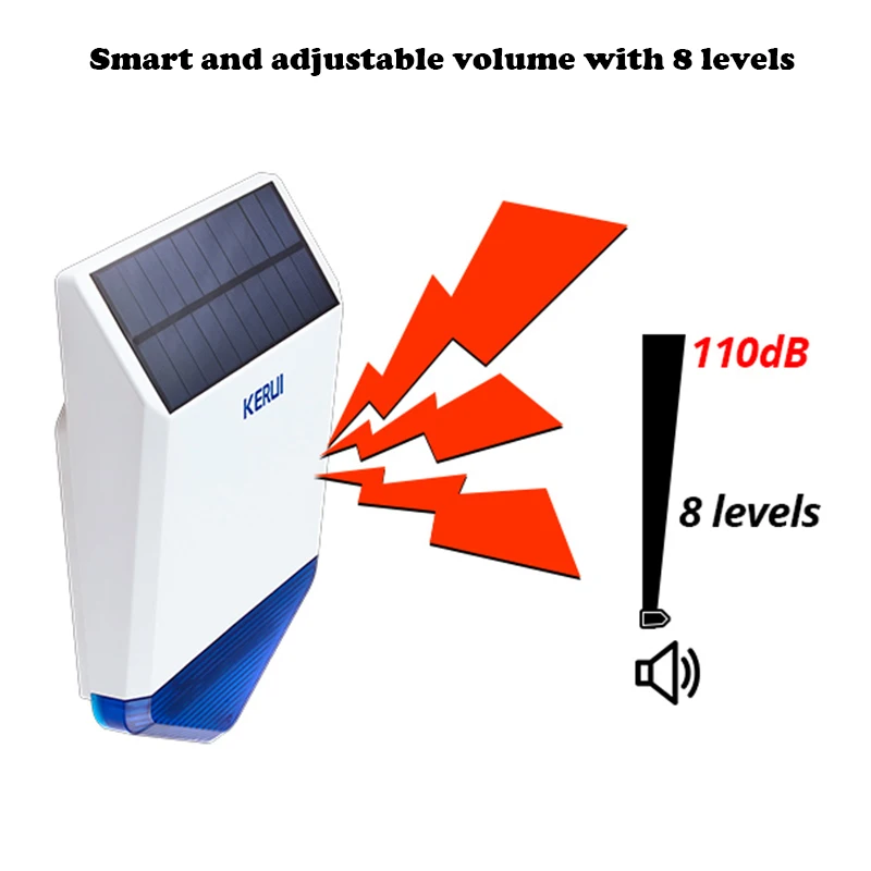 Solar Panel Solar Siren SJ1 8 Levels Adjustable Volume Blue Flashing Light 110dB Loud Waterproof Anti-tamper Function Protection