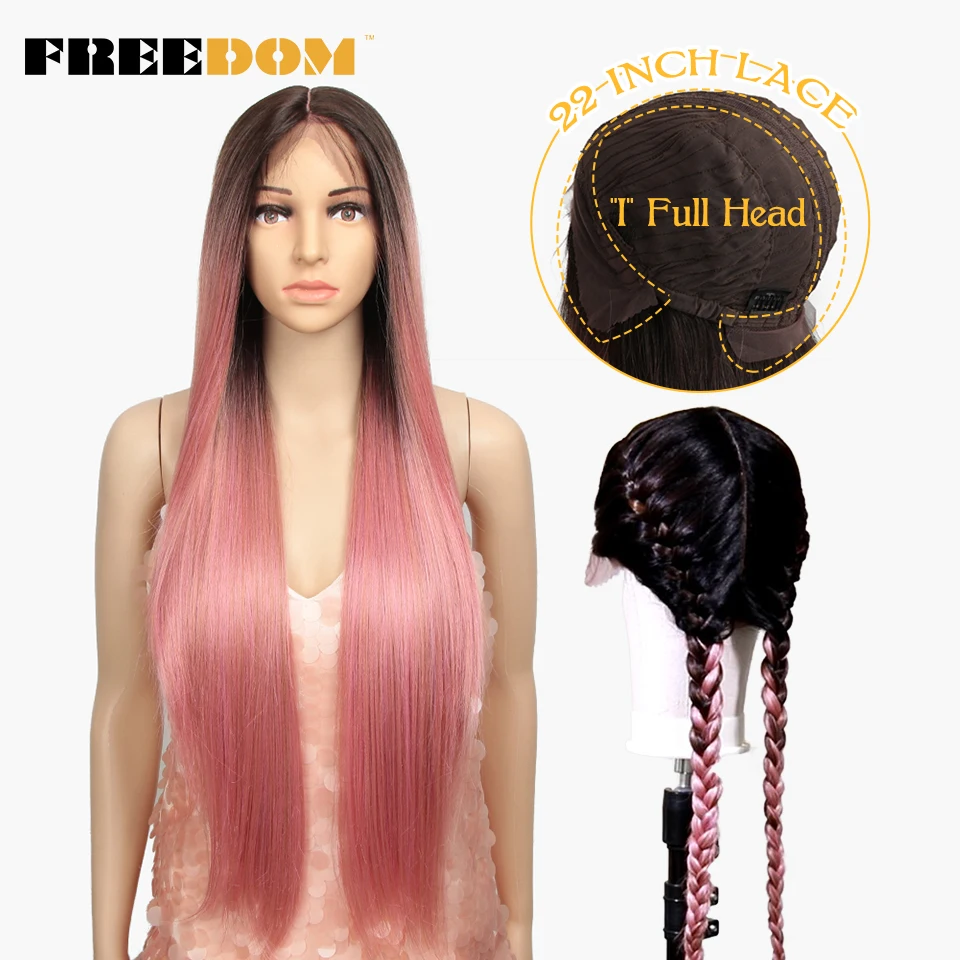 FREEDOM Synthetic Lace Wigs For Black Women 34 Inch Lace Full Head Long Straight Lace Wig Braid Double Ponytail Cosplay Wigs