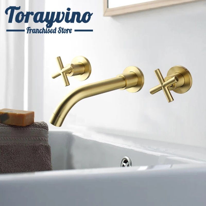 

bathroom Brushed Nickel gold sink faucet brass lavabo salle de bain bath wall mount faucet hot cold mixer water tap two handles