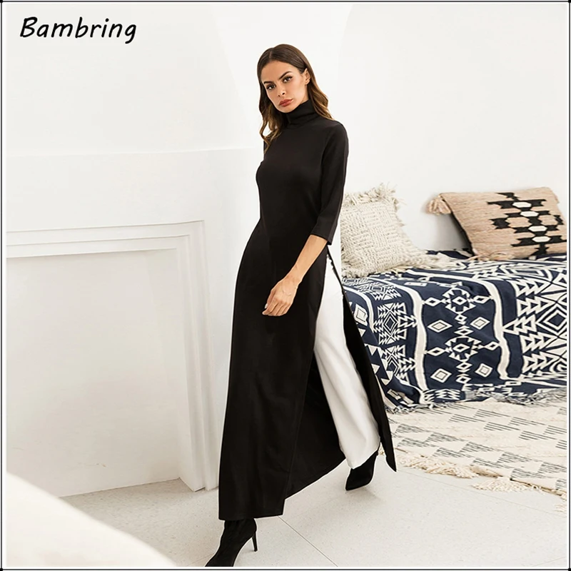 Turtleneck Pullover Black Long Dress Floor Length Autumn Elegant Skinny Commute Office Lady Dress Sexy High Split Party Dresses