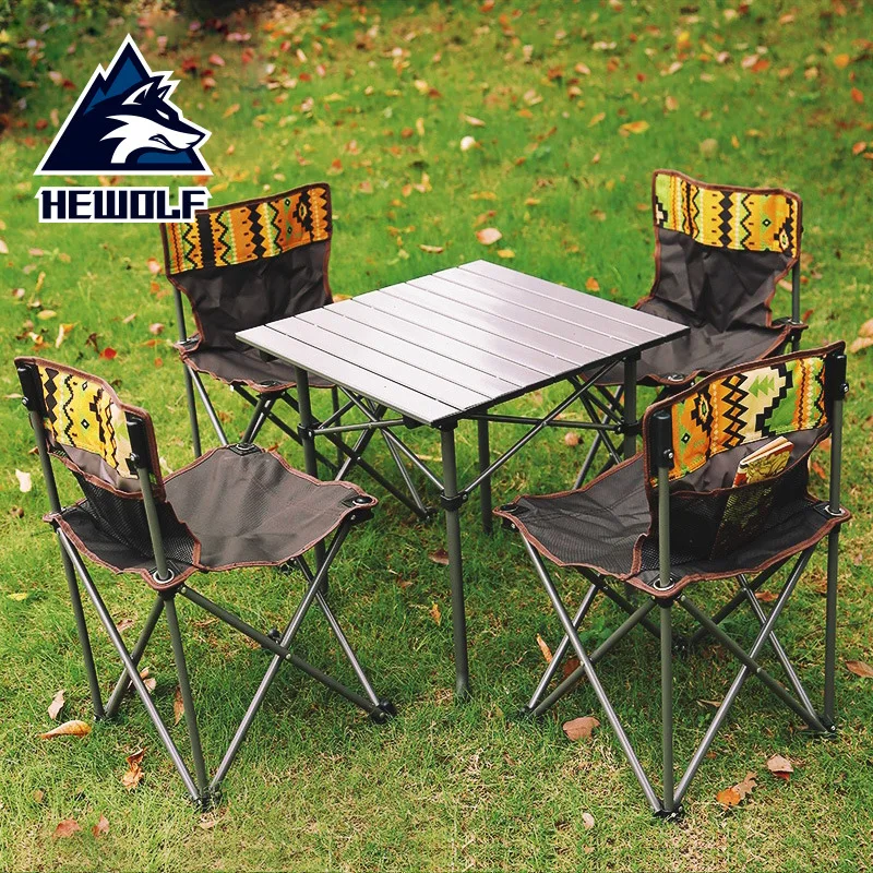 Hewolf Outdoor Folding Table And Chair 5-piece Portable Storage Camping Family Party Picnic BBQ Leisure Table And Stool Set