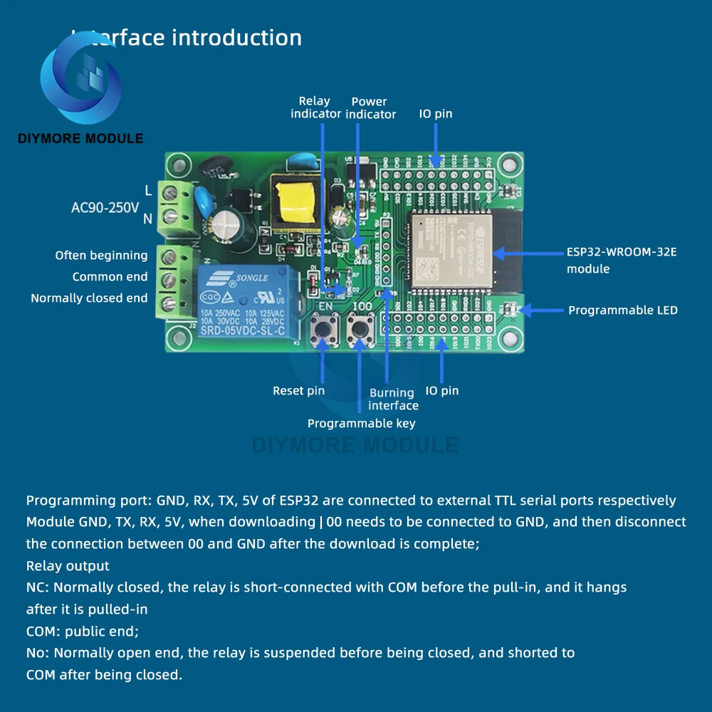 AC 90-250V ESP32 WiFi Bluetooth Ble Single Relay Module ESP32 Development Board ESP32-WROOM-32E