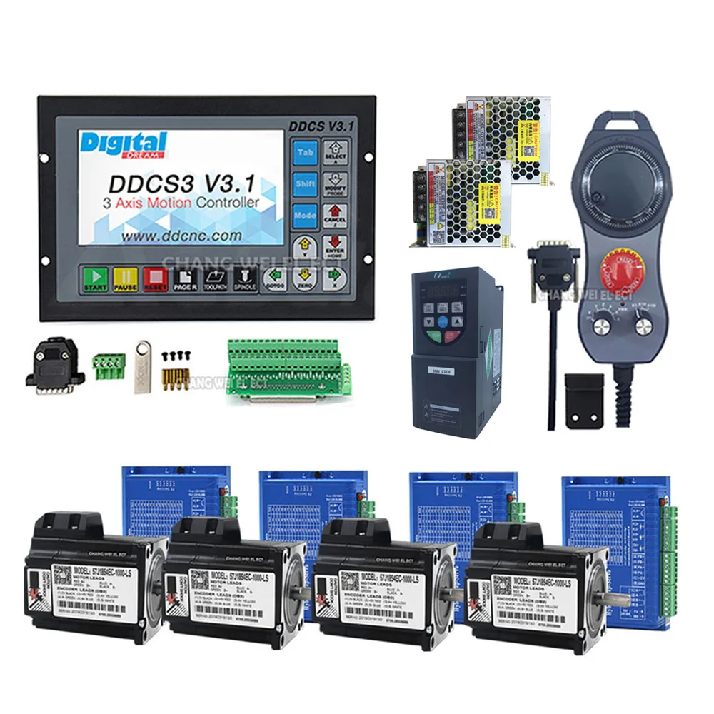 Ddcsv3.1 3/4 Axis Cnc Controller Kit Jmc57 Closed Loop Stepper Motor Driver 57j1854ec-1000+ 2hss57 Inverter 1.5kw Probe-on Mpg